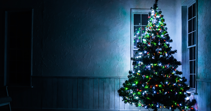 Darkly Lit Christmas Tree In the Corner of the rom
